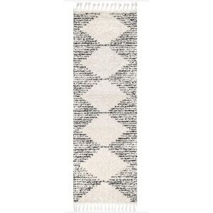 NULOOM NWT Moroccan diamond pinstripes tassel area rug -off white -2’6”x6’